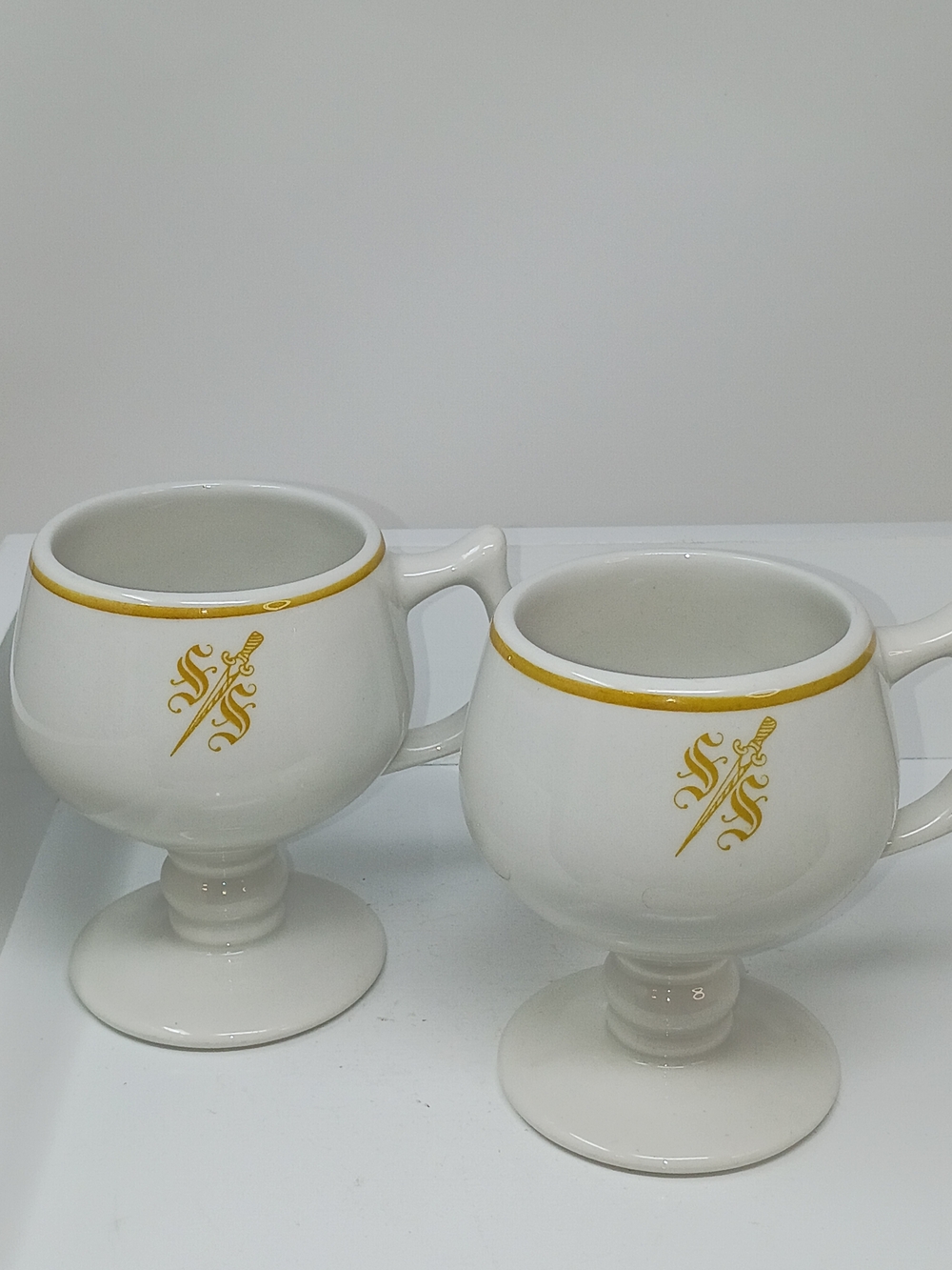Sterling China, White Ceramic Pedestal Mugs with Gold Trim & Emblem - Set of 2 - Picture 2 of 12